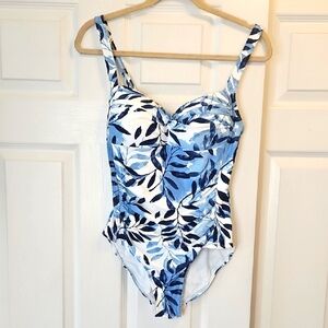 Niptuck Swim Blue and White Leaf Print Swimsuit
